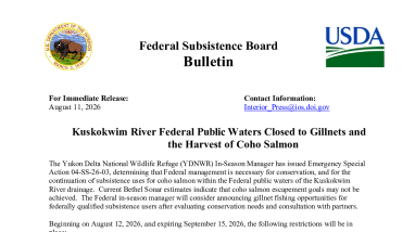 Bulletin- Kuskokwim River Federal Public Waters Closed to Gillnets and the Harvest of Coho Salmon