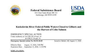 Emergency Special Action- Kuskokwim River Federal Public Waters Closed to Gillnets and the Harvest of Coho Salmon