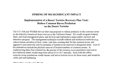 FONSI Reduce Raven Predation on the Desert Tortoise