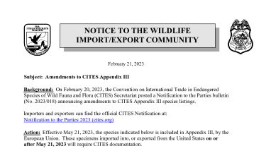OLE Public Bulletin - Amendments to CITES Appendix III 02-20-2023.pdf