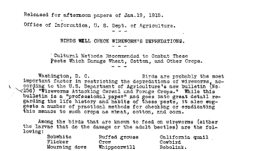 Birds Will Check Wireworm's Depredations January 19, 1915