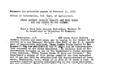 Birds Destroy Certain Insects and Weed Seeds and Are Useful to the Farmer February 11, 1915