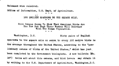 120 English Sparrows to the Square Mile February 19, 1915