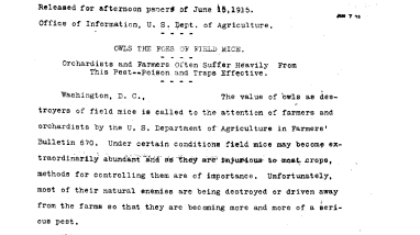 Owls: the Foes of Field Mice June 15, 1915