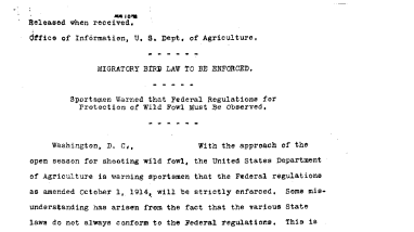Migratory Bird Law to Be Enforced August 10, 1915