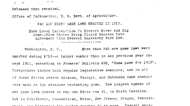 240 New State Game Laws Enacted September 21, 1915