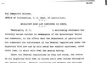 Migratory Bird Law Continues in Force February 28, 1916