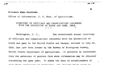 Directory of Officials and Organizations Concerned With the Protection of Birds and Game, 1916 August 17, 1916