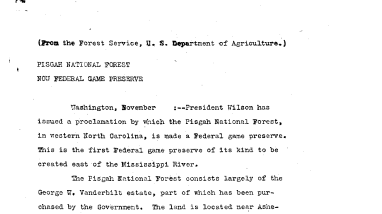 Pisgah National Forest Now Federal Game Preserve November 7, 1916