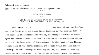 1915 Bird Count: 124 Pairs on Average Farm in Northeast 125 Pair to 100 Acres in Plains Region November 14, 1916
