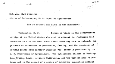 How to Attract the Birds of the Northeast November 21, 1916