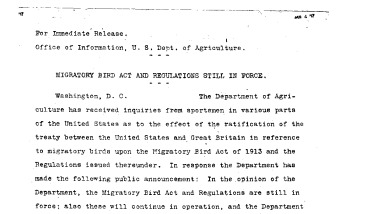 Migratory Bird Act and Regulations Still in Force January 4, 1917