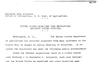 United States Migratory Bird Regulations Prohibit Spring Shooting February 16, 1917