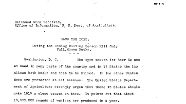 Save the Does. During the Coming Hunting Season Kill Only Full Grown Bucks September 8, 1917