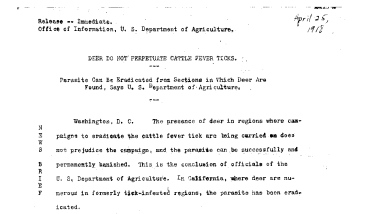 Deer Do Not Perpetuate Cattle Fever Ticks April 25, 1918