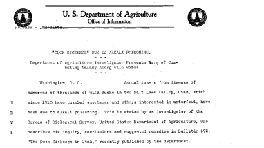 "Duck Sickness" Due to Alkali Poisoning July 7, 1918