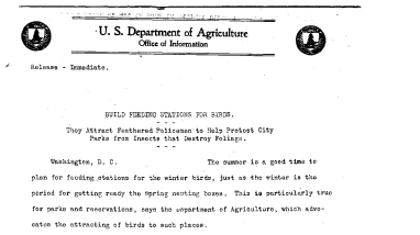 Build Feeding Stations for Birds August 24, 1918