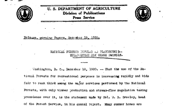 National Forests Popular as Playgrounds--Yellowstone Elk Herd Dwindle December 19, 1920