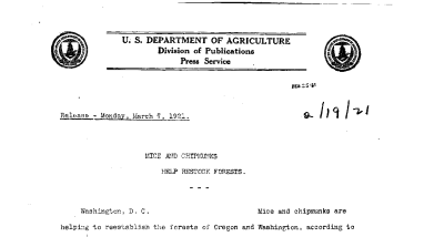 Mice and Chipmunks Help Restock Forests February 19, 1921