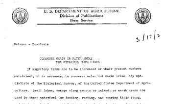 Conserve Marsh or Water Areas for Migratory Game Birds March 17, 1921