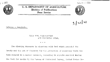 Wild Fowl Need Resting and Wintering Areas March 21, 1921