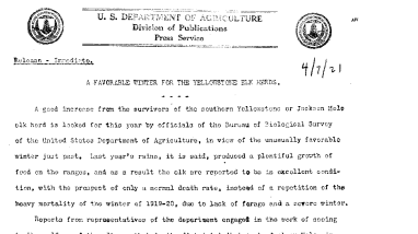 A Favorable Winter for the Yellowstone Elk Herds April 7, 1921