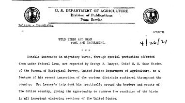 Wild Birds and Game Fowl Are Increasing April 26, 1921