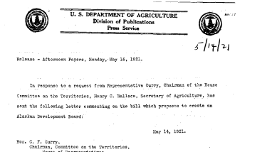 Creation of the Alaskan Development Board May 14, 1921