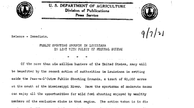 Public Shooting Grounds in Louisana in Line With Policy of Federal Bureau September 7, 1921