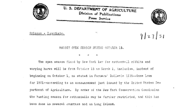 Rabbit Open Season Begins October 15 September 27, 1921