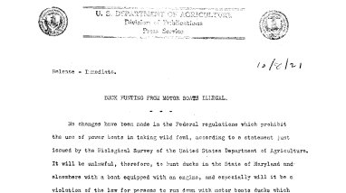 Duck Hunting From Boats Illegal October 8, 1921