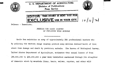 Freeing the Range Country of Predatory Wild Animals October 11, 1921