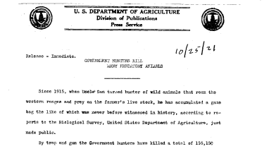 Government Hunters Kill Many Predatory Animals October 25, 1921