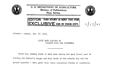 Large Area Cleared of Prairie Dogs and Squirrels November 27, 1921