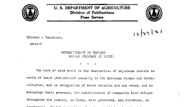 Establishment of Refuges Brings Increase in Birds December 27,1921-B
