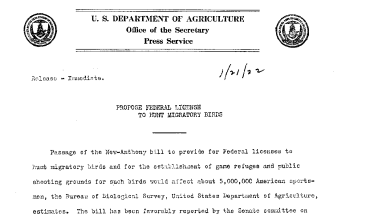 Proposed Federal License to Hunt Migratory Birds January 21, 1922