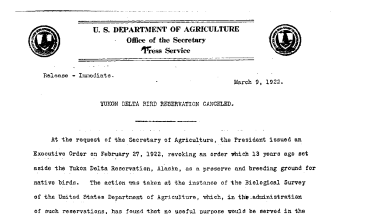 Yukon Delta Bird Reservation Canceled March 9, 1922