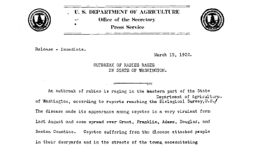 Outbreaks of Rabies Rages in State of Washington March 15, 1922