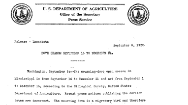 Dove Season September 16 to December 31 September 6, 1922