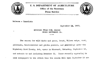 Missouri Wild Fowl Season Opens September 16 September 12, 1922
