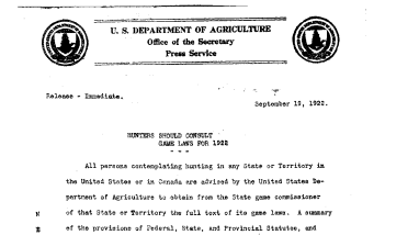 Hunters Should Consult Game Laws for 1922 September 19, 1922