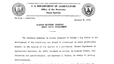 Alaskan Reindeer Industry Makes Rapid Development October 9, 1922