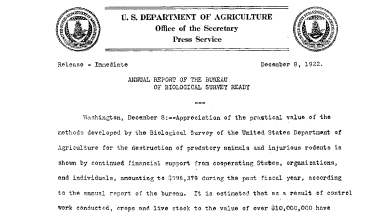 Annual Report of the Bureau of Biological Survey Ready December 8, 1922