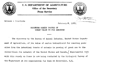 Hookworm Remedy Proves of Great Value to Fox Industry February 8, 1923