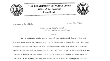 Biological Survey Sends Investigator to Guatemala March 13, 1923