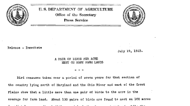 A Pair of Birds per Acre Nest on Many Farm Lands July 19, 1923
