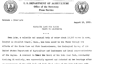 Favorite Lake for Birds Saved to Minnesota August 13, 1923