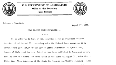 Dove Season Opens September 1 August 17, 1923