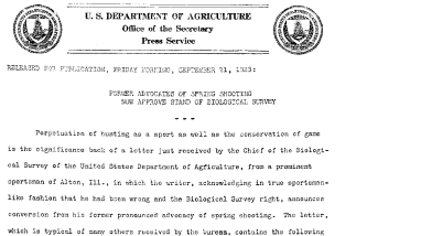 Former Advocates of Spring Shooting Now Approve Stand of Biological Survey September 21, 1923