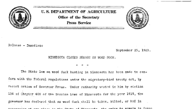 Minnesota Closed Season on Wood Duck September 25, 1923